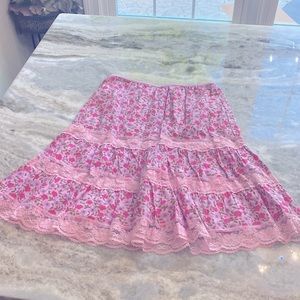 Roxy Pink Floral Tiered Lace Midi Skirt
